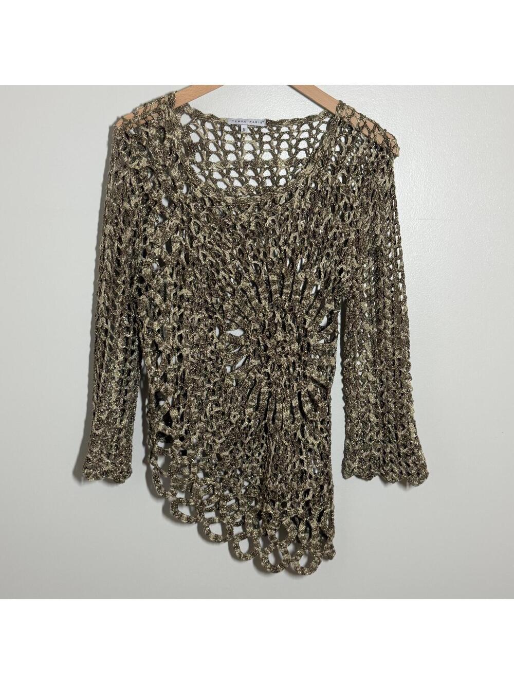 Tempo Paris Metallic Crochet Tunic Sweater Medium Boho Open Knit Festival Top